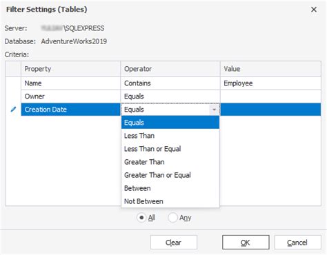 Filtering Sql Database Objects Filter Settings In Database Explorer