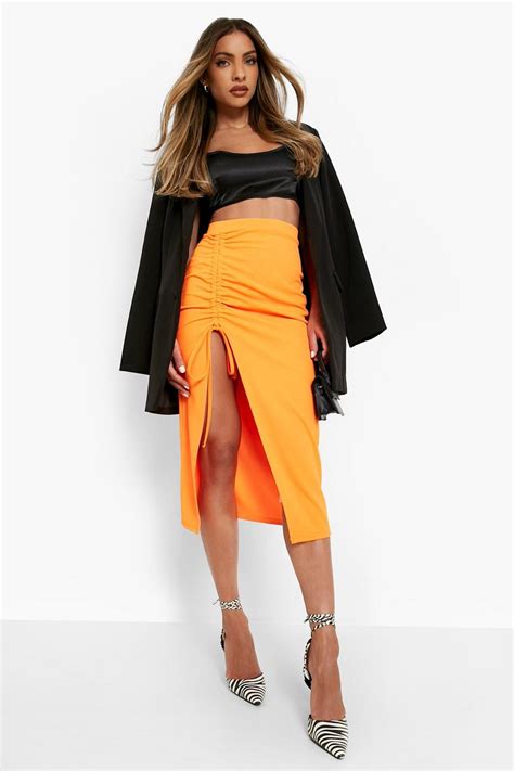 Ruched Front Thigh Split Crepe Midi Skirt Boohoo