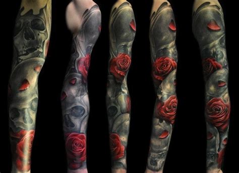 Roses Petals Skull Dark Tattoo Sleeve Best Tattoo Ideas