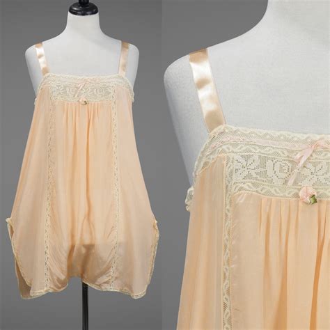 Antique 1920s Teddy Chemise 20s Flapper Lingerie Tangerine Silk Filet Lace Negligee With Inset
