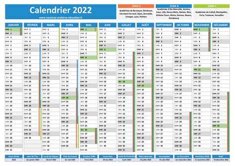 Calendrier 2022 Avec Vacances Scolaires Et Jours Fériés à Imprimer