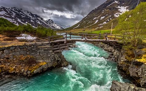 Nature Landscape River Bridge Mountain Trees Clouds Snow Green