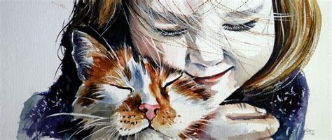 Cat With Little Girl Perfect T Idea 2020 Watercolour By Kovács