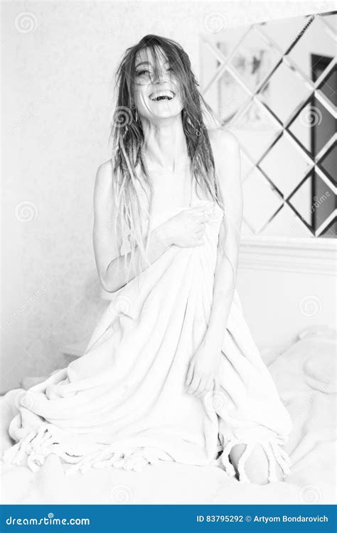 Monochrome Portrait Of Woman In Bedroom Sensual Girl Sitting In Bed Covered With Blanket Black