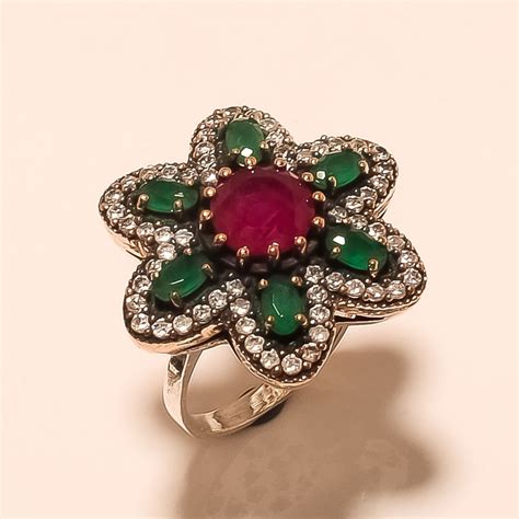 Sterling Silver Ring Turkish Emerald Ruby Gemstone Jewelry Fine