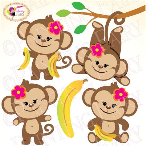Clipart Cute Girl Monkeys With Bananas Zoo Safari Clip Art Etsy