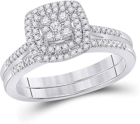 10kt White Gold Round Diamond Square Bridal Wedding Ring Band Set For Couple 13