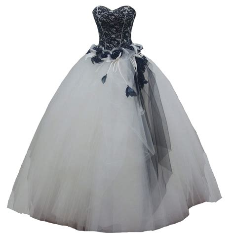 Kivary Long Gothic White And Black Lace Beaded Prom Gowns Wedding Dresses