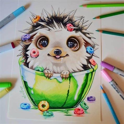 Baby Hedgehog Cute Colored Fantasy Animal Drawings By Lisa Saukel