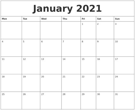 January 2021 Editable Calendar Template