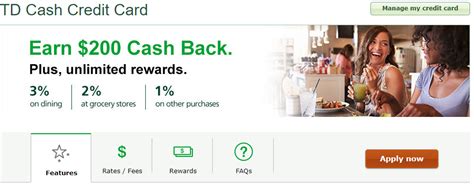 Other cards with big signup bonuses require three times as much in initial spending. TD Cash Rewards Card; $200 Bonus, 3% on Dining and No Annual Fee - Miles to Memories