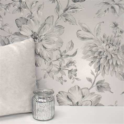 Lucia Silver Floral Wallpaper Floral Wallpaper Grey Floral Wallpaper
