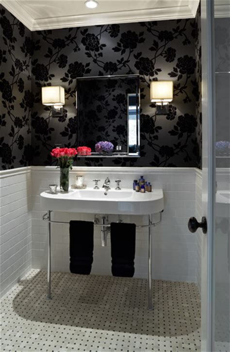 Black Floral Wallpaper Contemporary Bathroom Kishani Perera