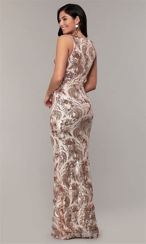 Rose Gold Long V Neck Sequin Prom Dress By Simply