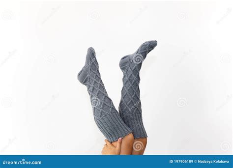 Gray Knitted Knee Socks On The Legs On A White Background Stock Image Image Of Clothes