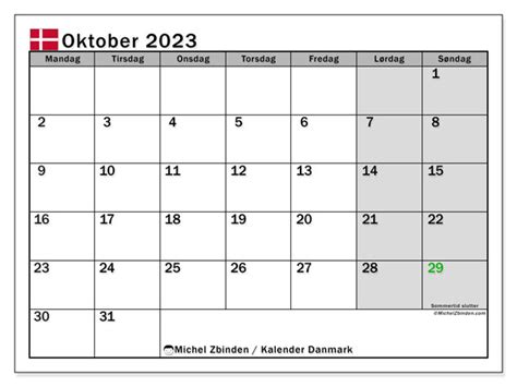 Kalender Oktober 2023 Til Print “danmark” Michel Zbinden Da