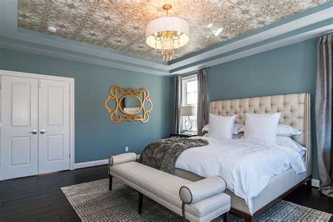 Blue And Tan Bedroom With Wallpaper On Tray Ceiling Contemporary
