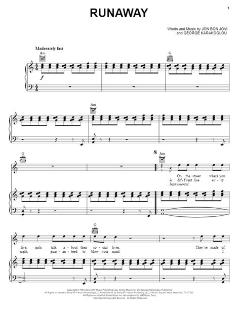 Bon Jovi Runaway Sheet Music PDF Notes Chords Pop Score Piano