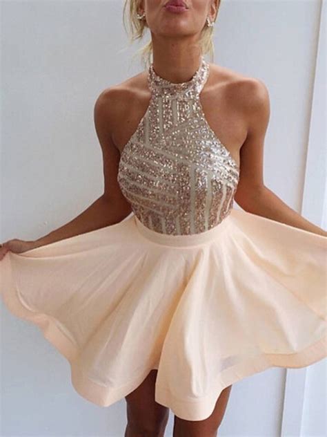 Halter Blush Sparkly Short Hoco Dress Squins Short Party Dresses · Dressmeet · Online Store