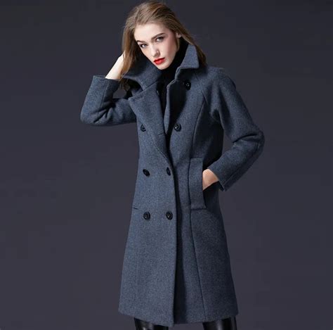buy woman wool coat grey double breasted 2018high quality winter jacket women