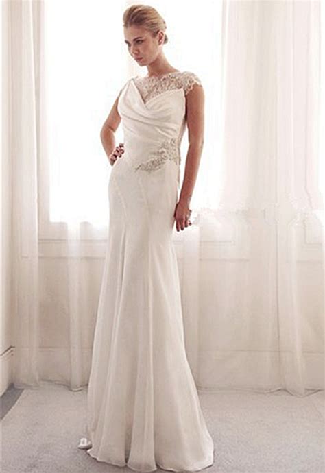 Elegant High Neck Sheer Lace White Wedding Dresses Cap Sleeves Chiffon