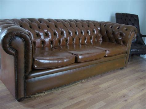 Antique Brown Tan Leather Chesterfield Sofa Settee Button Back Vintage