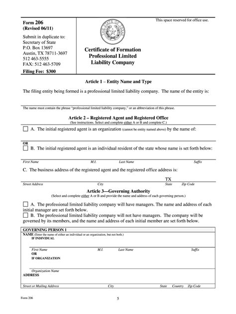 Fillable Online Texas Texas Articles Of Organization For Professional