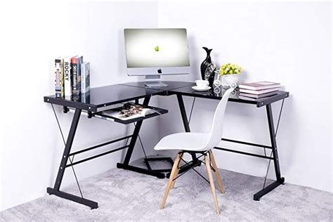 Merax 49 L Shaped Office Home Computer Desk Black Glass Top With Metal