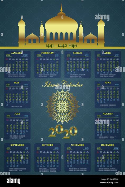 Islamischer Kalender 2020 1441 1442 Hijri Kalender Stock Vektorgrafik