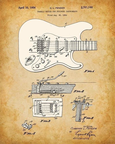 Original Fender Guitars Patent Art Prints Set Of Four Photos 8x10