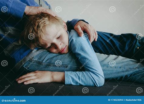 Father Comforting Stressed Sad Son Depression Support Stock Photo