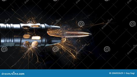Bullet With Sparks And Smoke Leaving The Barrel Of An Ar 15 Stock Image