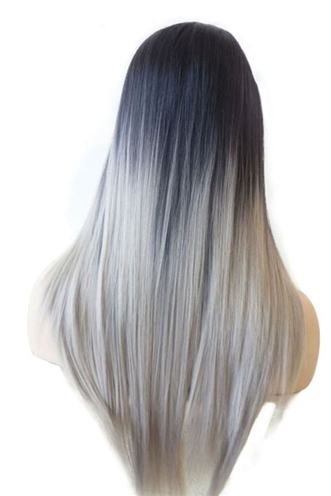 Long Straight Grey Ombre Lace Front Synthetic Wigs
