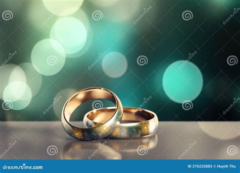 Two Gold Wedding Rings Are In Front Of A Bokeh Background In The Style