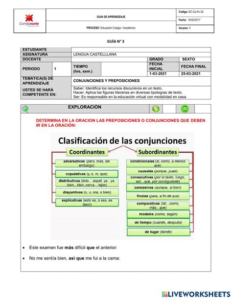Preposiciones y conjunciones interactive exercise for SÉPTIMO