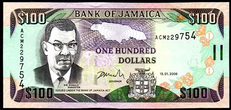 The jamaican coat of arms appears on all jamaican money, on the front of notes and on the back of coins. Banknote Jamaica, $ 100 Dollar, 2006, P-84, UNC