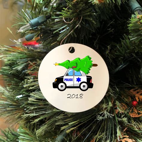 2019 Police Ornament Police Car With Christmas Tree On Top Thin