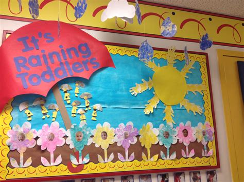 Spring Bulletin Board 3d Umbrella Sunshine Rays With Handprints Flowers Made With Shaving