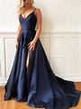 morievent: A Line V Neck Navy Blue Long Prom Dresses, Navy Blue Long F ...