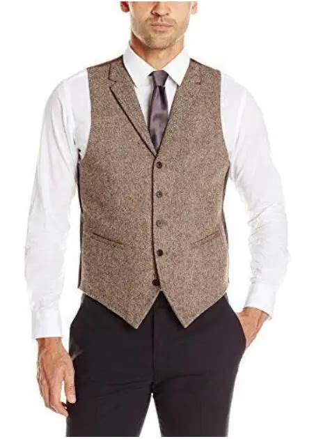 Brown Tweed Vest Wool Herringbone Groom Vests British Style Mens Suit