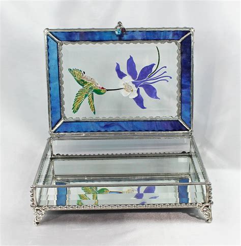 Hummingbird Columbine Hand Painted Stained Glass Keepsake Box Jewelry Box Faberge Style