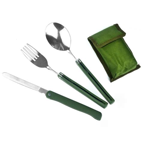 3 Pcsset Cooking Stainless Steel Army Green Folding Cutlery Fork Set