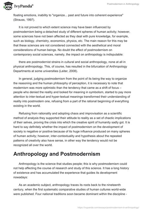 Postmodernism In Anthropology 3603 Words Research Paper Example