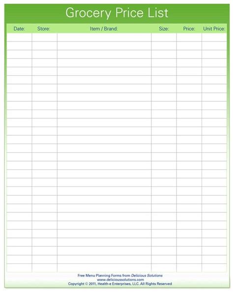 grocery list  prices grocery list printable
