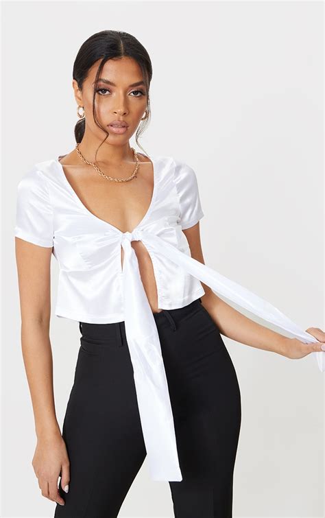 white satin tie front short sleeve blouse prettylittlething