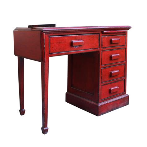 Chinese Distressed Red Writing Desk With Side Flip Up Slide Table