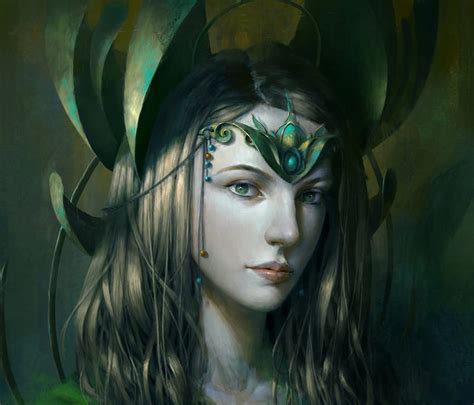Green Girl Art Luminos Fantasy Ruxing Gao Girl Green Jewel Face Portrait Hd Wallpaper