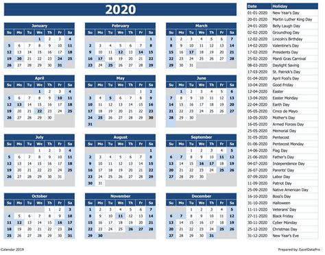 2020 Excel Yearly Calendar Free Printable Templates