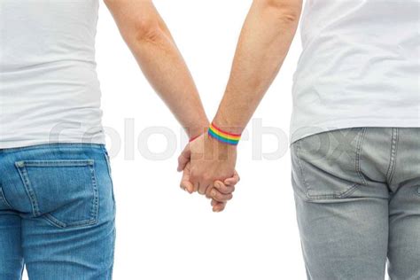Lgbt Same Sex Relationships And Homosexual Concept Close Up Of Male Couple Wearing Gay Pride