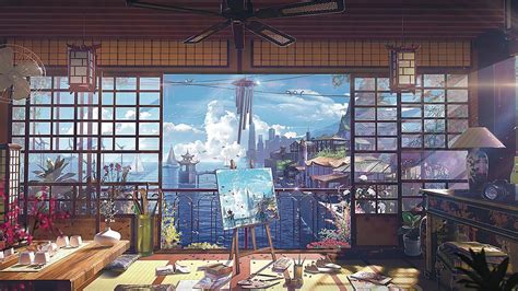 4k An Anime And Colorful Landscape View From A Japanese Living Room